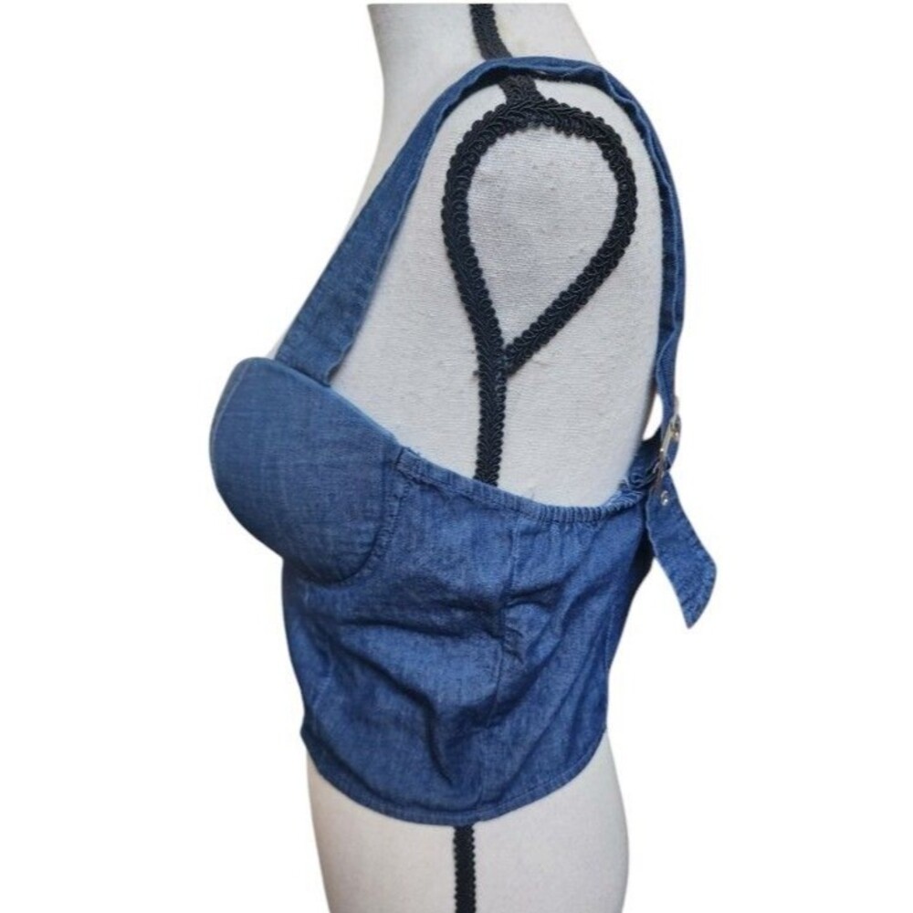 New Mix Medium Crop Bustier Corset Top Denim Front Zip Adjustable Shoulder Strap - Picture 5 of 7
